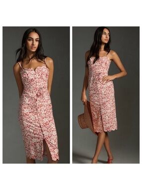 Anthropologie Red and White Floral Midi Dress Size 14